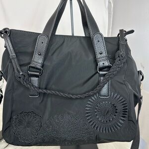 Desigual Floral Mandala Bag Purse Handbag Nylon Satchel Leather Black Crossbody